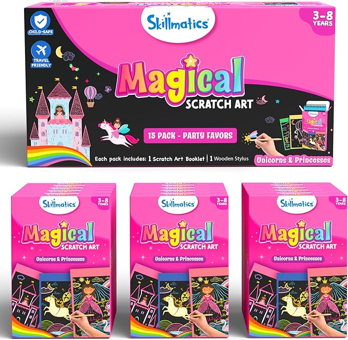 Skillmatics Party Favors (Pack of 15) - Magical Scratch Art Set for Kids, Unicorns & Princesses, Pink Goodie Bag, DIY Art & Craft Activity, Gifts for Girls, Boys Ages 3, 4, 5, 6, 7, 8