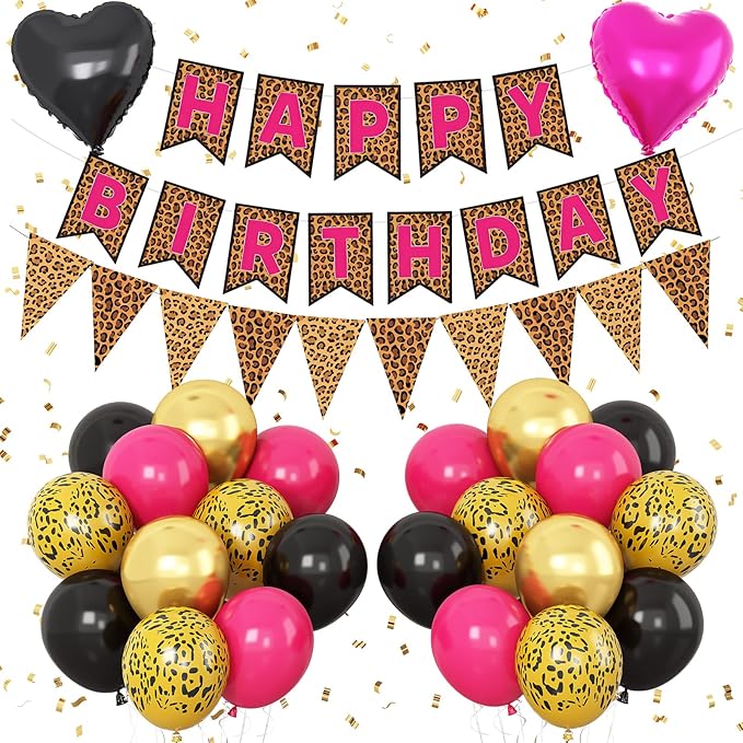 Leopard Print Happy Birthday Decorations, Gold Cheetah Print Animal Balloons Black Gold and Pink Heart Balloon with Birthday Banner for Safari Wild Birthday Baby Shower Jungle Zoo Theme Party Supplies
