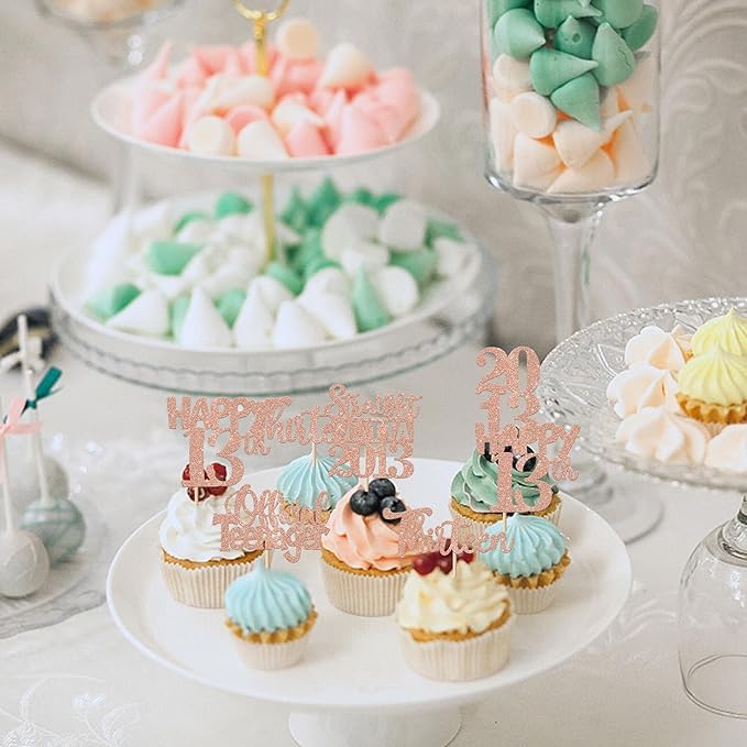 30PCS 13th Birthday Cupcake Toppers Glitter Thirteen Happy 13 Straight Outta 2013 Cupcake Picks for Cheers to 13 Years 13th Birthday Anniversary Party Decorations Supplies Rose Gold