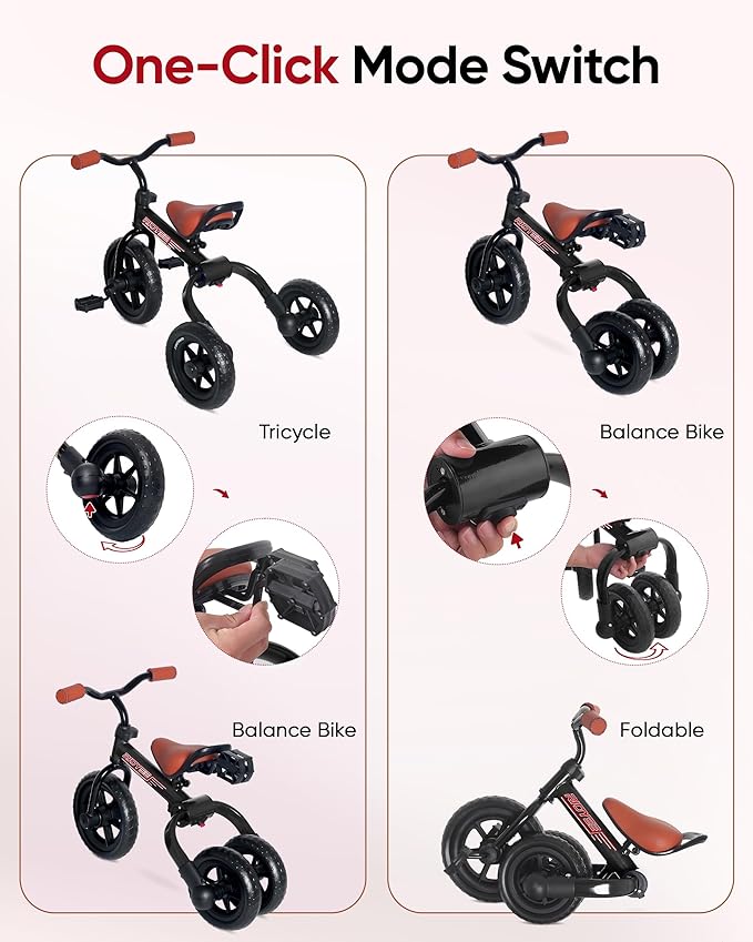 3-in-1 Foldable Tricycle and Balance Bike for Toddlers 2 to 5 Years, Tricycle for 2 Years with Adjustable Handlebar and Seat, Tricycles for 3-5 Years with DIY Plate, Black