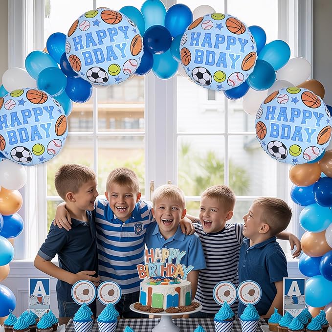 Sports Birthday Balloons Party Decorations, 18 Inch Inflatable HAPPY BDAY Mylar Foil Sports Balloon with Baseball Volleyball Basketball Soccer Game Print for Boy Baby Shower Birthday Party Decorations
