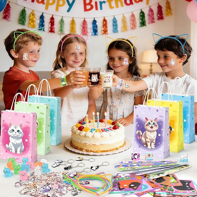 122PCS Cat Party Favors for Girls, Cat Themed Birthday Party Supplies With Goodie Bags Headband DIY Face Stickers Slap Bracelets Resin Cats, Cat Party Favors Easter Gifts Classroom Rewards for Kids