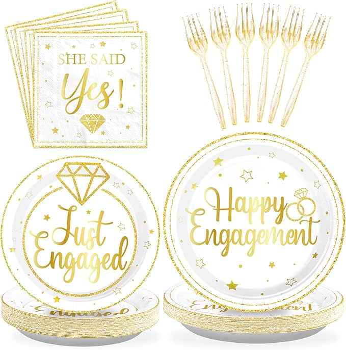 96Pcs Happy Engagement Party Supplies Gold Just Engaged Plates and Napkins Tableware Sets She Said Yes Engagement Decorations for Engaged Proposal Wedding Bridal Shower Married Party Favors Serve 24