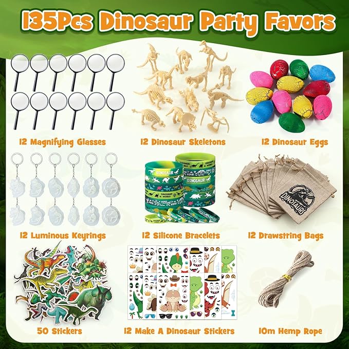 12 Sets Dinosaur Party Favors for Kids Birthday, Magnifying Glasses Luminous Keyring Dino Egg Sticker Dino Party Supplies with Skeleton Toy Silicone Bracelet Gift Bag Dino Theme Stuffer Fillers