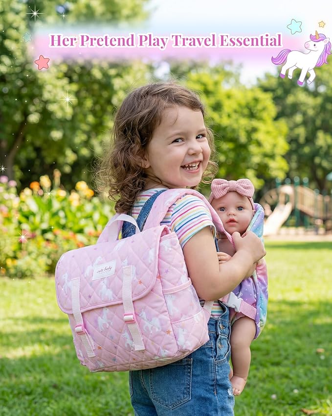 BABESIDE 13PCS Baby Doll Accessories, Baby Doll Diaper Bag with Magic Bottles, Changing Mat,Diapers & Carrier, Pretend Play Doll Care Set for 12-15 Inches Dolls Kids Gift, Pink