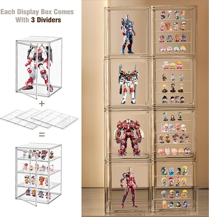 Clear Acrylic Display Case for Figures 4-Tier Collectibles Storage Box with 3 Dividers Stackable Display Stand for Action Figures, Handbag, Shoes,1 Pcs