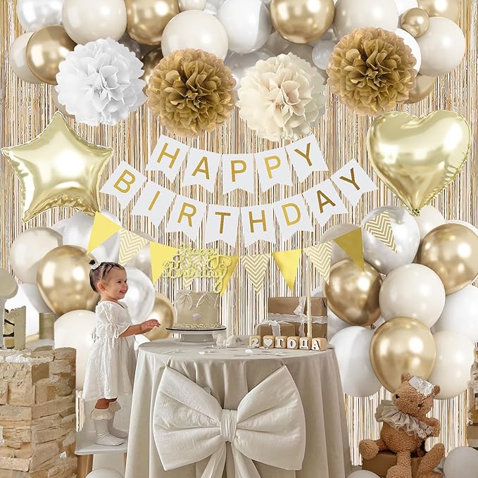 White Gold Birthday Decorations, Beige Gold Party Décor with Foil & Latex Balloons Sash Fringe Curtains Happy Birthday Banner Cake Topper Paper Pompoms Party Decor for Women Girl