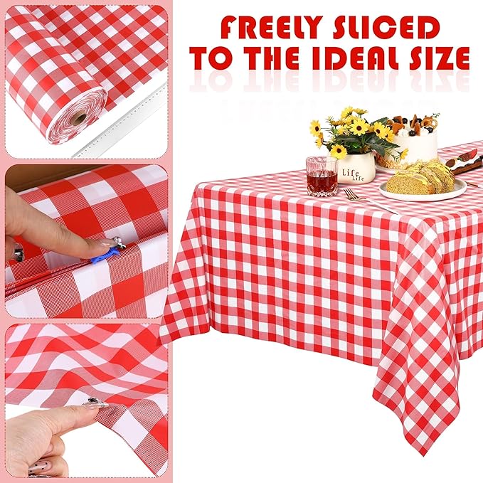 Kochorie 54 Inch x 300 Ft Red Checkered Plastic Table Cloth Roll Disposable Waterproof Table Cover with Easy Slide Cutter for Outdoor Picnic/Home Dining/Spring Party
