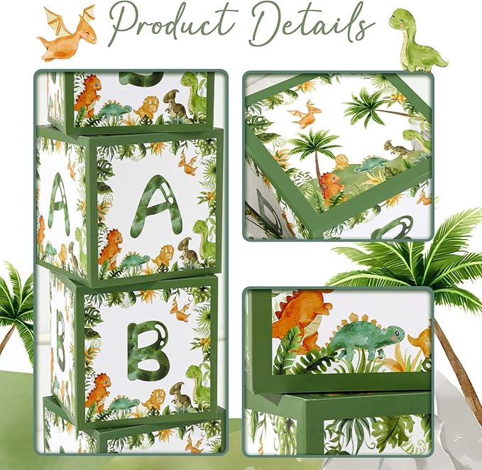 Dinosaur Baby Shower Decorations Box - Green Jungle Dinosaur Baby Boxes for Boys，Dinosaur Birthday Party Boxes Block for Woodland Safari Baby Shower Supplies Photo Props Backdrop