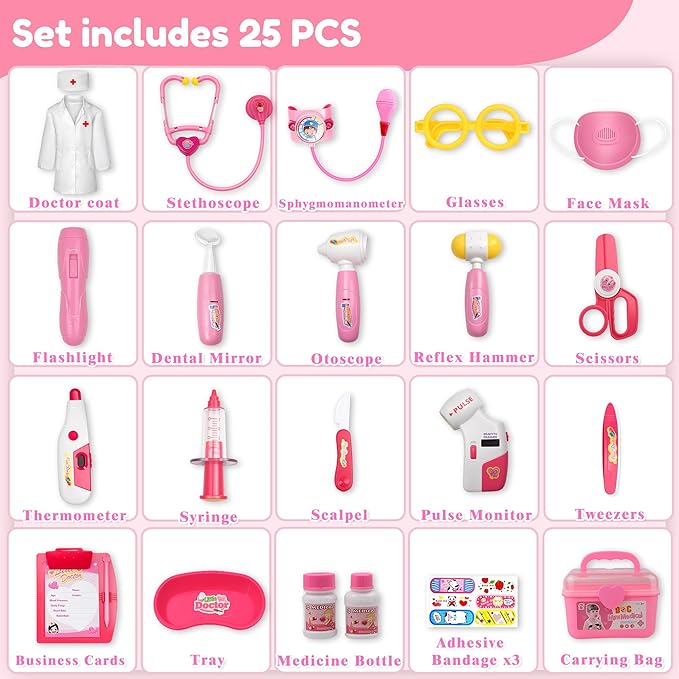 24Pcs Doctor Kit for Toddlers 3-5, Kids Doctor Pretend Play Set with Costume, Stethoscope, Funny Doctors Kit Toys Christmas Birthday Gift for Girls Ages 3 4 5 Year Old, Pink