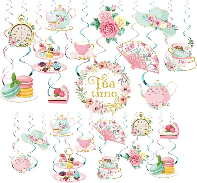 Faccito 53 Pcs Tea Party Decorations Birthday Supplies - Floral Tea Party Birthday Decor Hanging Paper Swirls with Teacup Partea Time Ceiling Decoration for Spring Women Adults Bridal Wedding Favors