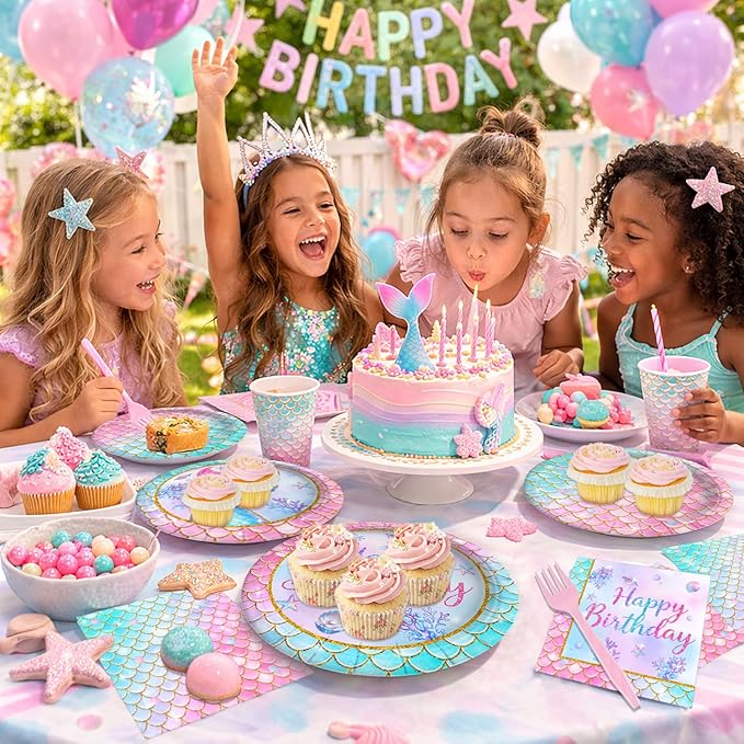 96 Pcs Mermaid Plates and Napkins Tableware Set (Serve 24), Mermaid Birthday Party Decorations, Party Supplies Include Plates Napkins Plastic Forks for Baby Shower