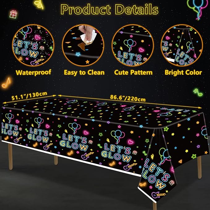 238 PCS Let's Glow Neon Party Supplies - Glow Tableware Set, Balloon Banner, Cake Toppers & Tablecloth for Blacklight Party Decoration (Serves 20)