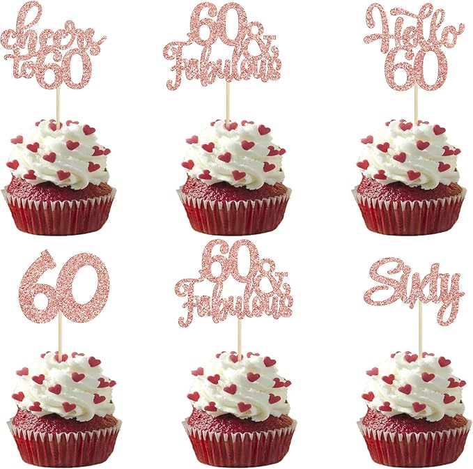 30Pcs Happy 60th Birthday Cupcake Toppers Rose Gold Glitter Sixty Cake Toppers Cheers to 60 Years Old Birthday Cupcake Picks for 60th Anniversary Party Cake Decorations Supplies