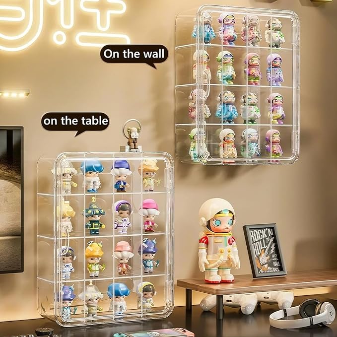 Wall Mount Acrylic Display Case 16-Cell Magnetic Door Shelf for Collectibles, Space-Saving Dust-Proof Showcase w/ Removable Grids (L-16 Cel(15.75x12.2x4.72in))