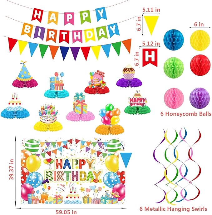 Birthday Decorations Kit, Happy Birthday Party Banner, Happy Birthday Backdrop, Honeycomb Balls, Metallic Hanging Swirls, Colorful Rainbow Party Decorations, Centerpieces for Tables(Colorful Birthday)