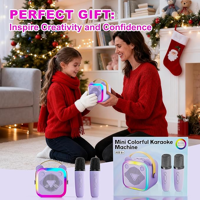 Mini Karaoke Machine for Kids: Portable Singing Toys Speaker with 2 Wireless Microphones for Girls and Boys Ages 3-12+ Years Old（Purple）