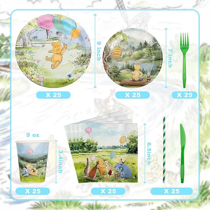 175Pcs Winnie Bear Baby Shower Decorations, Winnie Party Supplies Plates Napkins Cups Set Classic the Pooh Decoration for Kids Boys Girls Newborn Birthday Party Serves 25 Guests