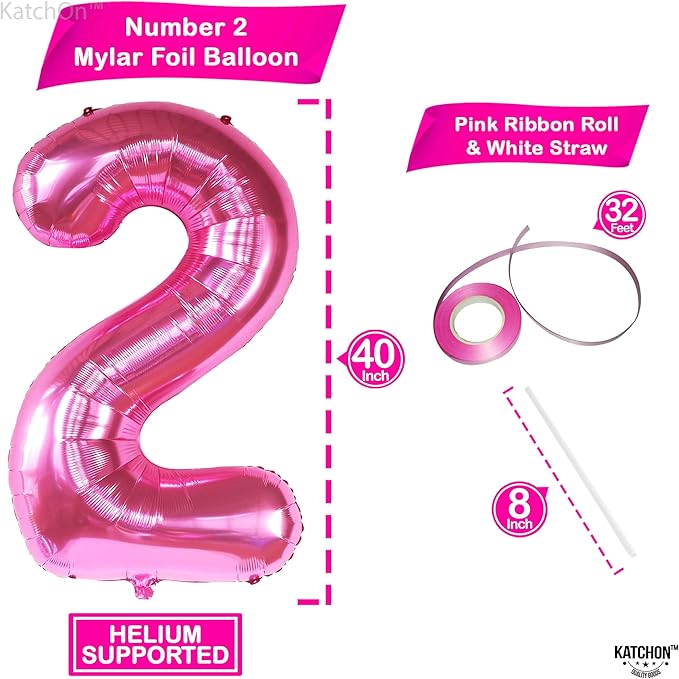 KatchOn, Pink Number 2 Balloon - 40 Inch | Hot Pink 2 Balloon Number, Two Cool Birthday Party Decorations Girl | 2nd Birthday Decorations for girl | 2nd Happy Anniversary Decoration