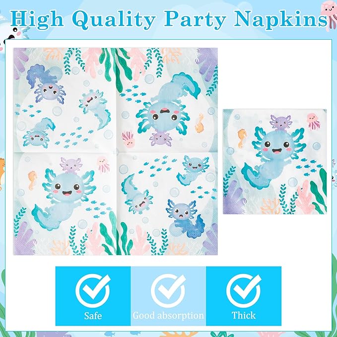 96Pcs Blue Axolotl Cute Cartoon Animals Party Plates Supplies Tableware Decorations Disposable Paper Plates Napkins Forks for Kids Birthday Baby Shower, Serves 24