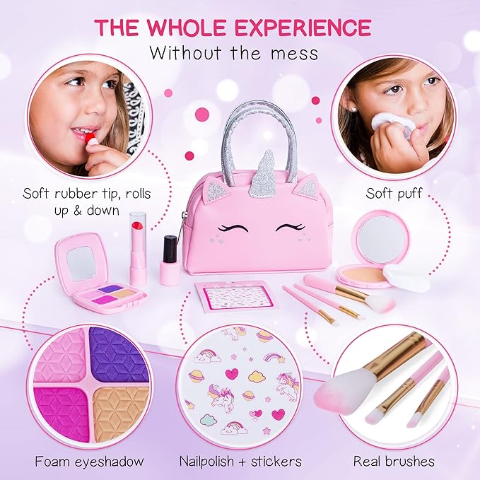 Pretend Play Makeup Kit for Little Girls with Unicorn Purse: Fake (Not Real) Make up Toy Set for Toddlers and Kids - Includes Hair and Nails Accessories, Baby Girl Toys Princess Toddler Gift Set