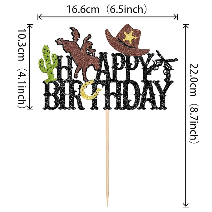 1 PCS Cowboy Happy Birthday Cake Topper Glitter Hat Horseshoe Cactus Gun Cake Pick for Western Theme Baby Shower Kids Birthday Party Cake Decorations