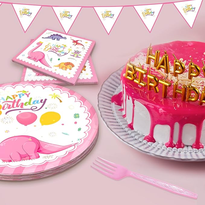 120 Pcs Pink Dinosaur Birthday Party Plates Napkins Girls Dinosaur Theme Birthday Party Tableware Disposable Paper Plates Napkins Party Decorations Supplies for 30 Guests