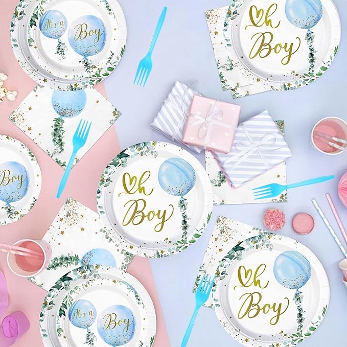 Grencian 96 PCS Boy Watercolor Blue Balloon Party Supplies Boys Plates and Napkins Disposable Greenery It's A Boy Baby Shower Tableware for Birthday Boys Baby Shower Decorations, Serves 24