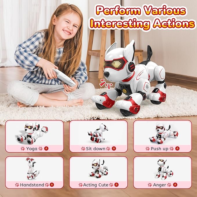 PeachLeaf Robot Dog Toy for Kids, Programmable Interactive RC Pet with Voice Control & Touch Sensor, Imitates Animal Sounds, Plays Music, Dance Modes, Robotic Puppy Toy for Kids Boys & Girls (Red)