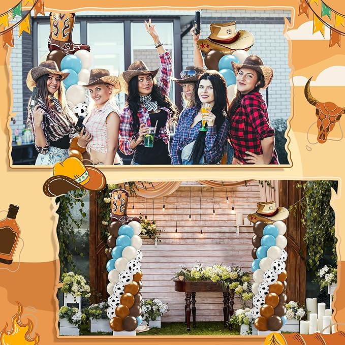 Kasyat 2 Set Western Cowboy Balloon Column Stand Kit, Brown Slate Blue Dusty Blue Sand White Cow Print Balloons Garland Arch Kit for Farm Western Cowboy Baby Shower Birthday Party Decorations