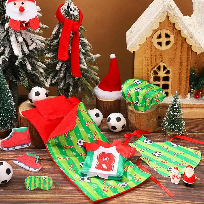 Kacctyen 15 Pcs Soccer Themed Christmas Accessories Include Sleeping Bag, Apron, Chef Hat, Scarf, Pillow, Eye Mask, Shoes, Mask, Hammock for Doll Props