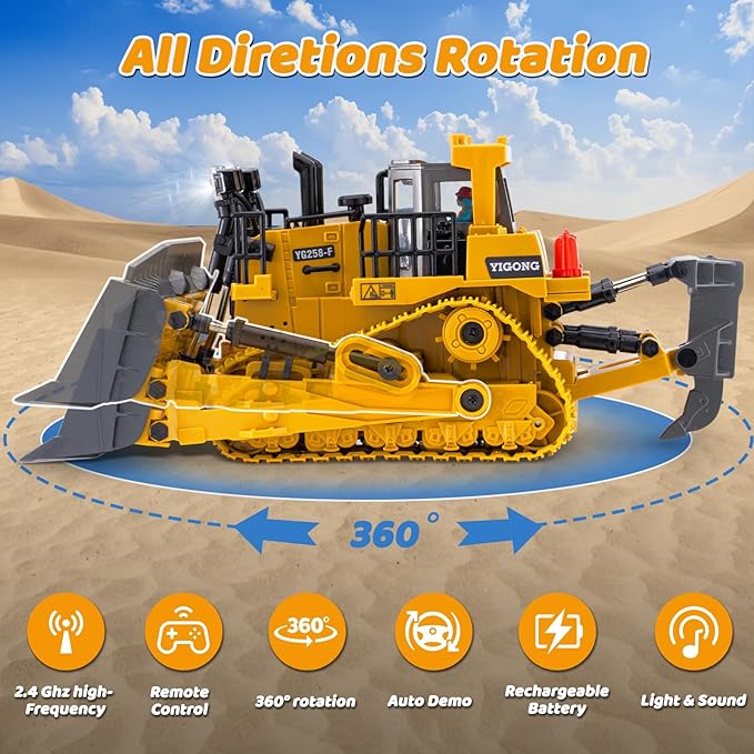 Rc Bulldozer Toys - Remote Control Bulldozer Construction Vehicles Trucks for Boys Kids Age 7 8-12 - Metal Remote Control Electric Tractor Loader Toys with Light and Sound - Birthday Gift