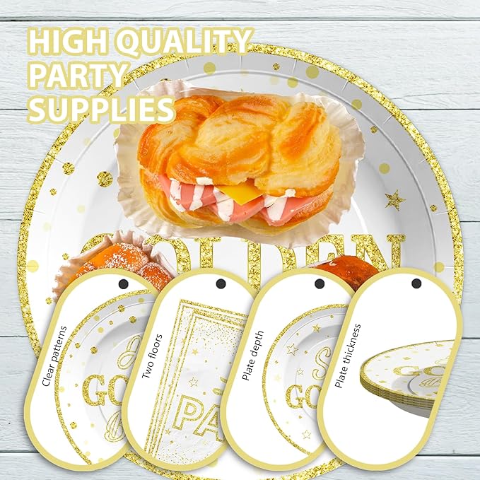 96Pcs Happy Golden Birthday Party Decorations White Gold Plates and Napkins Gold Glitter Disposable Paper Plates Tableware Set for Women Men Happy Birthday Baby Shower Party Supplies Serves 24