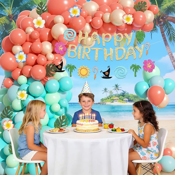 Ouddy Life 165Pcs Tropical Birthday Party Decorations, Summer Tropical Balloon Garland Arch Kit Coral Pearl Rose Gold Teal Pastel Blue Artificial Palm Leaves Banner for Hawaii Luau Party Supplies