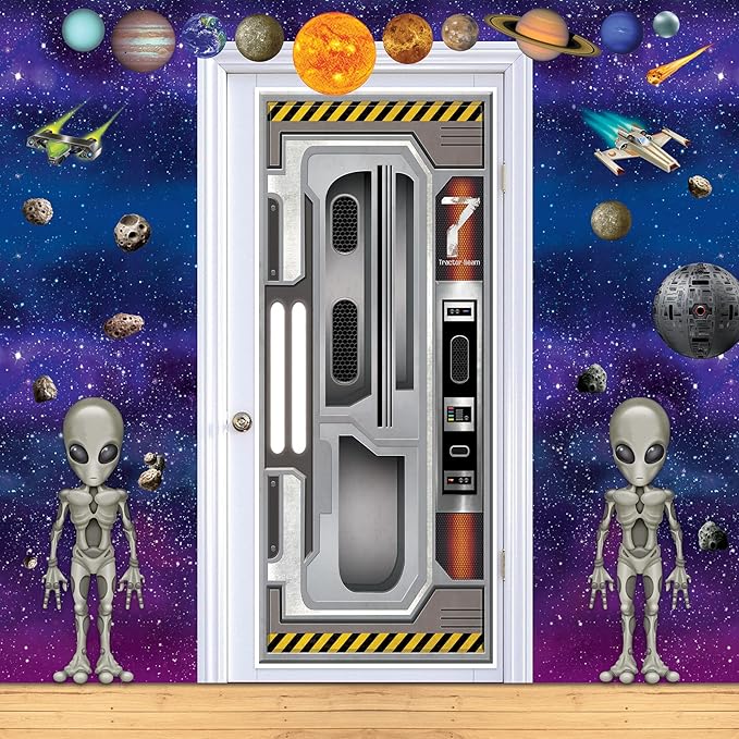 Beistle Set of 2 Plastic Spaceship Door Covers, Decorations for Outer Space Galaxy Alien Theme Birthday, Futuristic Party Supplies & Wall Decor, 6' x 30"