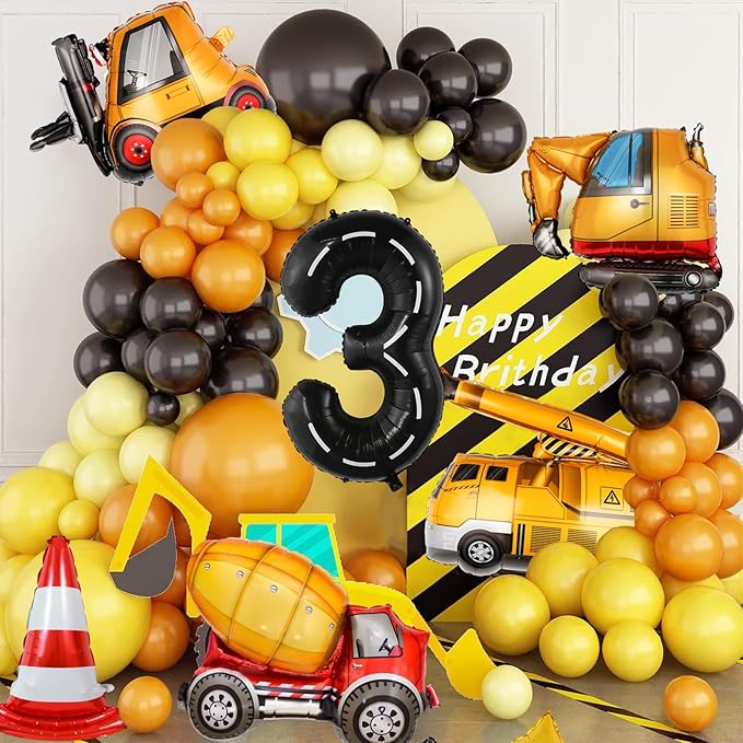15pcs Construction Theme Birthday Party Decorations, Number 3 Large Construction Truck Traffic Cones Foil Balloon, 3rd Boy Birthday Party Decoration Supplies (3rd)