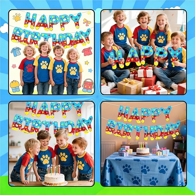 YIIHMEI Cartoon Dog Paw Print Happy Birthday Banner Party Decorations Balloons with Yellow Blue and Red Style Letters Signs Party Supplies for Kid's