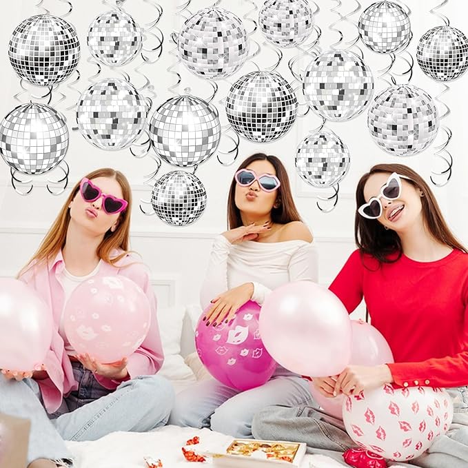 54 Pieces Disco Party Decorations Sliver Disco Ball Hanging Swirls 70s Ceiling Decor for 70s Fever Hippie Birthday Party Supplies