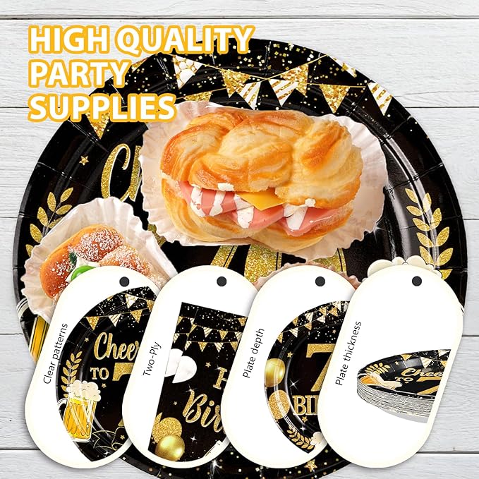 96Pcs 70th Birthday Party Supplies Black Gold Plates and Napkins Tableware Sets Cheers and Beers to 70 Years Decorations Favors for Men Women 70 Years Old Birthday Dinner Holiday Party Serves 24