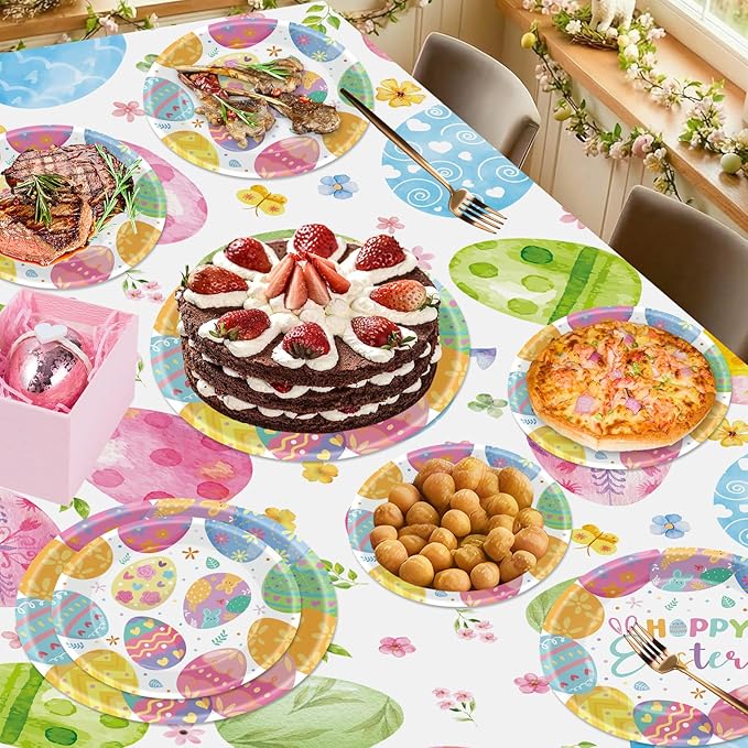 24 Pcs Happy Easter Paper Plates - Cute Round Spring Easter Plates, Colorful Eggs Dinner Dessert Plate Disposable Dinnerware Set for Spring Holiday Easters Party Table Decorations Supplies Favors