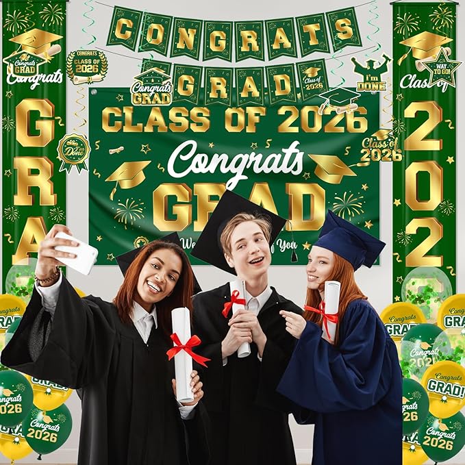 Graduation Decorations Class of 2026 Green and Gold Graduation Party Decor Set include Congrats Grad Banner Backdrop Class of 2026 Balloons Party Supplies