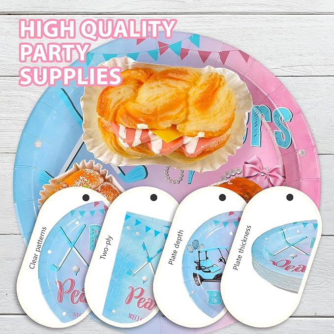 96Pcs Golf Gender Reveal Decorations Putters Or Pearls Plates and Napkins Tableware Sets Blue or Pink Decorations for Golf Theme He or She Gender Reveal Baby Shower Birthday Party Supplies Serves 24