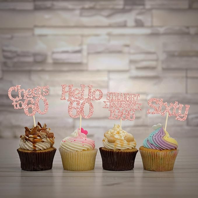 Ephlyn 24Pcs Happy 60th Birthday Cupcake Toppers Glitter Straight Outta 1966 Cupcake Picks Hello 60 Cheers to 60 Years Birthday Cake Decorations for 60th Birthday Anniversary Party Supplies Rose Gold