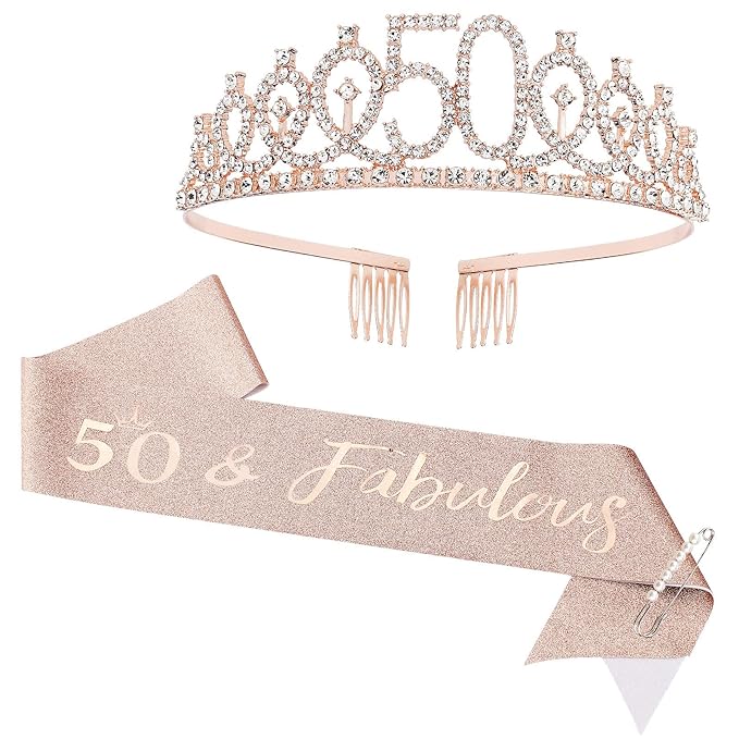 CIEHER 50th Birthday Crown + 50 & Fabulous Sash + Pearl Pin Set, 50th Birthday Gifts for Women Friends 50 Bday Decorations Women