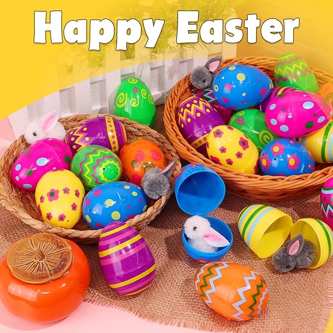 36 Pack Plastic Printed Easter Eggs, 3.15'' Tall Fillable Empty Eggs Bulks for Easter Eggs Hunt, Easter Basket Stuffers Fillers, Classroom Prize Supplies, Filling Treats and Party Favors