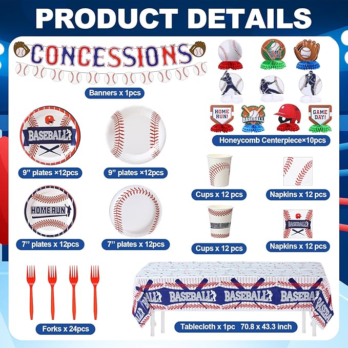 Meanplan Baseball Party Supplies Kit 167 Pcs Baseball Party Decorations Includes Paper Plates, Napkins, Cups, Concessions Banner, Tablecloth and Honeycomb for Sports Theme Birthday Decor, Serve 24