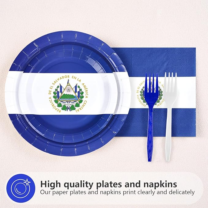 96Pcs El Salvador Flags Party Supplies Salvadoran Flag Plates and Napkins Blue white Flag Tableware Set for National Sports Events Patriotic Festival Birthday Party Supplies，Serves 24