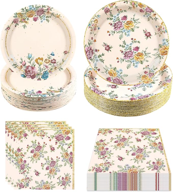 180Pcs Vintage Floral Party Supplies Paper Plates and Napkins Serve 60 Disposable Tableware Set for Birthday Party Decorations Game Day Family Holiday Sports Events