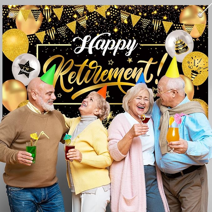 Happy Retirement Party Decorations for Men Women, Black and Gold Happy Retirement Banner, 71x43 Inch Retired Backdrop, 8pcs Hanging Swirls, Farewell Party Supplies