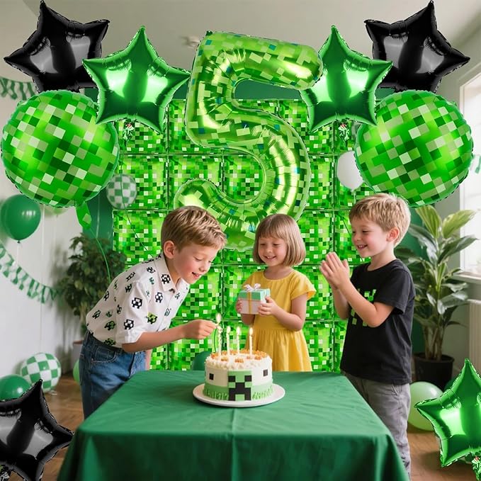 40 Inch Green Pixel Themed Number 5 Balloon Set Foil Balloon for Girls & Boys Birthday Party Decorations, Party Supplies & Favors (Number 5)